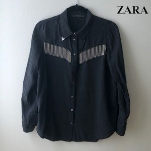 ZARA WOMEN BASIC NAVY CHAIN BUTTON DOWN SHIRT